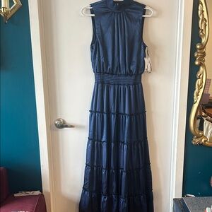 Navy Satin Smocked Midi Dress – Wedding Guest / Bridesmaid / Prom | size Small